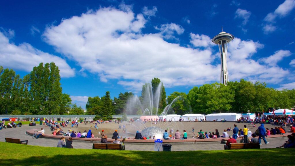 44188-Seattle-Center View of visitors to International Fountain with the Space Needle in the background