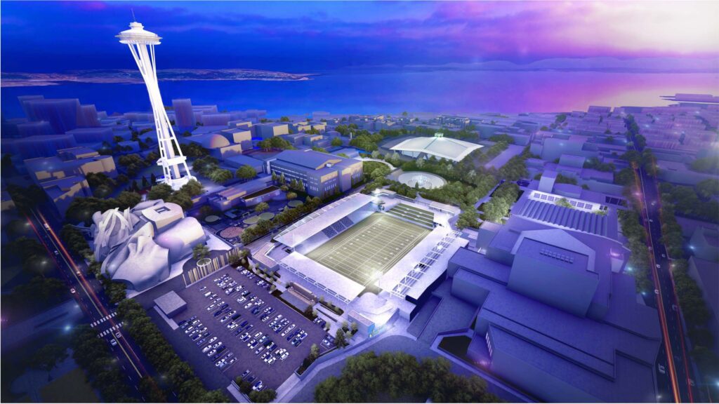 Aerial view showing a rendering of the Memorial Stadium with the Space Needle in the background